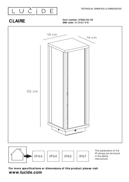 Lucide CLAIRE - Bollard light Outdoor - 1xE27 - IP54 - Anthracite - technical